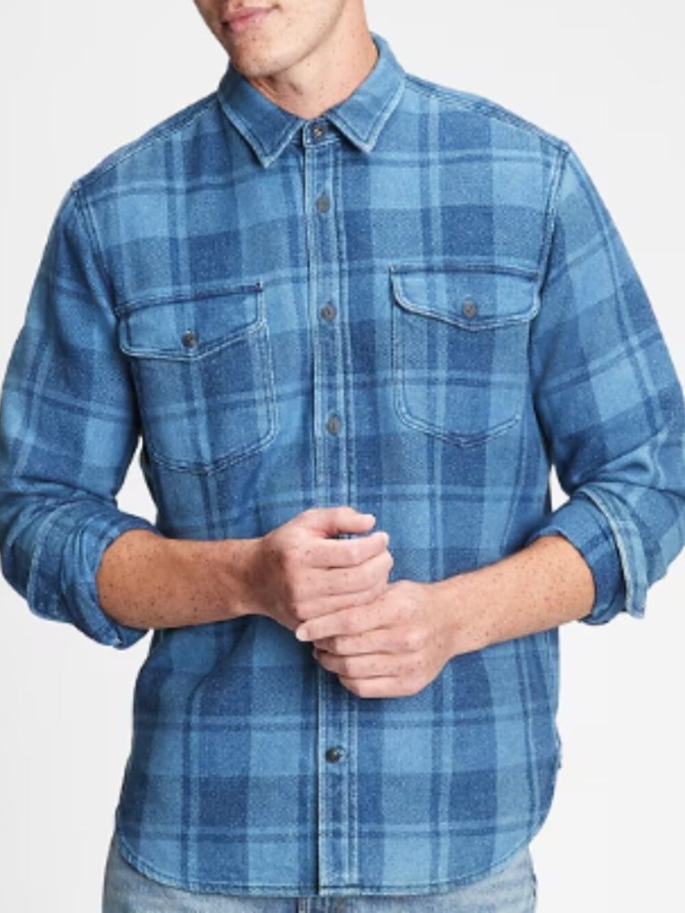 GAP Denim Workers Button Down Shirt, Blue Plaid, Standard Fit - Mens XXL